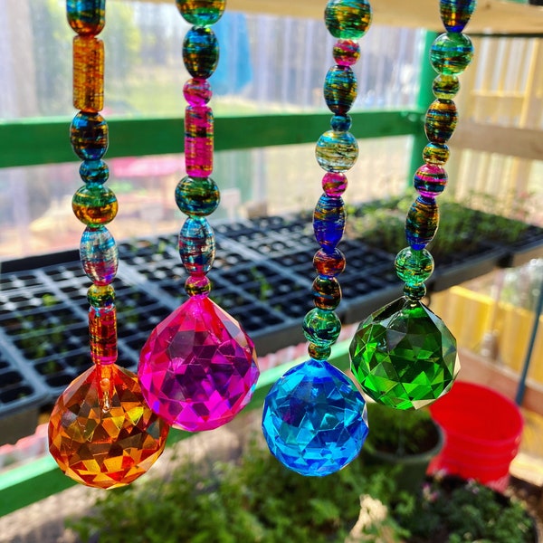 Beaded Glass Sun Catcher with Glass Prism , boho garden decor, Mother’s Day gift, Outdoor Decorations, Prism Maker, hippie window