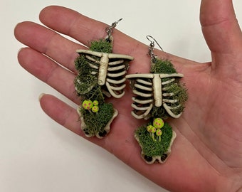 Natural Skeleton, Moss, and Mushroom Earrings. Ethereal, cottagecore, whimsigoth, fairy