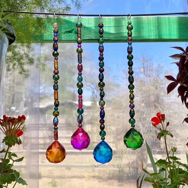 13 inch -Beaded Glass Sun Catcher with 30 mm Glass Prism , boho garden decor, Mother’s Day gift, Outdoor Decorations, Rainwbow Maker, hippie