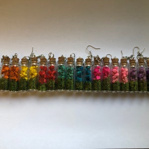 UPDATED COLORS: Real Flowers and Dried Moss Terrarium Like Dangle Earrings, Earthy Jewelry, Boho and Hippie Drop Dangle Lightweight Earrings