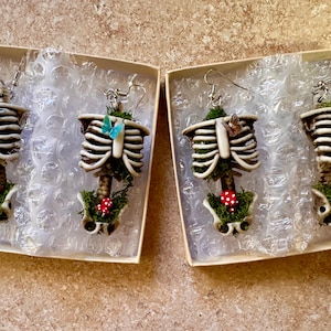 Natural Skeleton, Moss, and Mushroom Earrings. Ethereal, cottagecore, whimsigoth, fairy *BUTTERFLY COLOR VARIES*