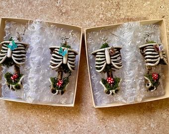 Natural Skeleton, Moss, and Mushroom Earrings. Ethereal, cottagecore, whimsigoth, fairy *BUTTERFLY COLOR VARIES*