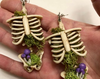 Natural Skeleton, Moss, and Mushroom Earrings. Ethereal, cottagecore, whimsigoth, fairy