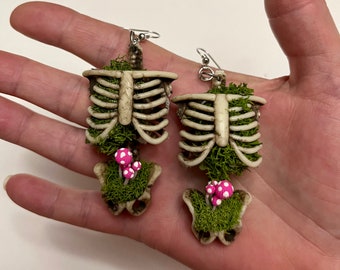 Natural Skeleton, Moss, and Mushroom Earrings. Ethereal, cottagecore, whimsigoth, fairy