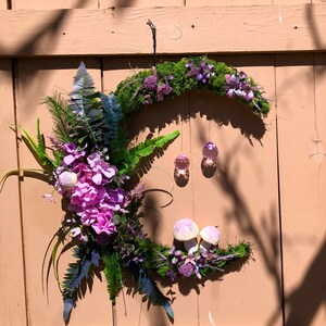 Pink and purple romantic Wreath with Moss, Mushrooms, and Crystals