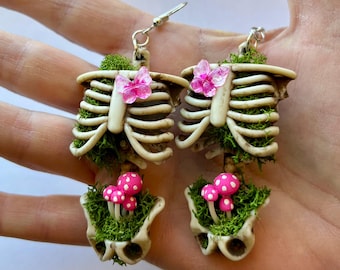 Pink Mushroom Skeleton Earrings: Handmade Cottagecore Whimsigoth Jewelry