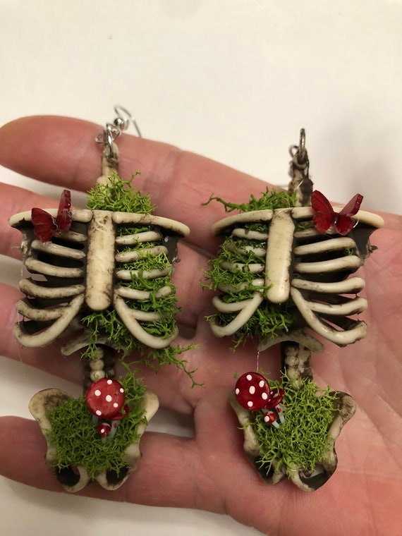 Natural Skeleton, Moss, and Mushroom Earrings. Ethereal, cottagecore, whimsigoth, fairy