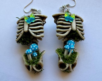 Blue Mushroom Skeleton Earrings: Handmade Moss Cottagecore Jewelry