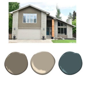 Benjamin Moore exterior paint palette, exterior paint scheme, whole home paint palette, modern home paint color, taupe paint palette, exterior paint color, designer paint color, Benjamin Moore paint scheme, front door paint color, neutral house color