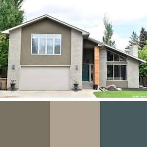 Benjamin Moore exterior paint palette, exterior paint scheme, whole home paint palette, modern home paint color, taupe paint palette, exterior paint color, designer paint color, Benjamin Moore paint scheme, front door paint color, neutral house color