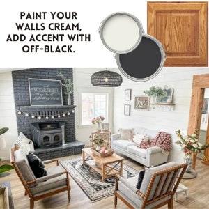 May include: A living room interior design with a white sofa, two armchairs, a coffee table, and a fireplace. The walls are painted cream with black accents. The text "Together they built a life they loved" is on a sign above the fireplace.