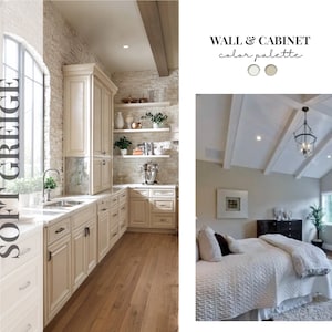 May include: A color palette guide titled WALL & CABINET color palette featuring two circular paint swatches in soft greige. The image displays a kitchen with cream cabinets and a bedroom with a vaulted ceiling, white bedding, and a dark dresser.