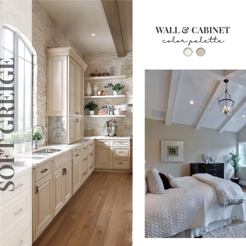 May include: A color palette guide titled WALL & CABINET color palette featuring two circular paint swatches in soft greige. The image displays a kitchen with cream cabinets and a bedroom with a vaulted ceiling, white bedding, and a dark dresser.