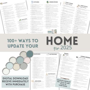 Puede incluir: Una lista de verificación con más de 100 formas de actualizar tu hogar para 2025. La lista de verificación está dividida en categorías como exterior, paisajismo, cocina, comedor, sala familiar, oficina en casa, dormitorios, baños, pintura y sala de estar. La lista de verificación también incluye una sección para habitaciones de niños y un baño principal. La lista de verificación es una descarga digital y está disponible inmediatamente con la compra.