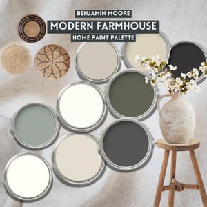 Paleta de tintas para casa de fazenda moderna Benjamin Moore Cores para casa de fazenda Esquema de cores para toda a casa Paleta de tintas para casa neutra Decoração moderna boho para casa