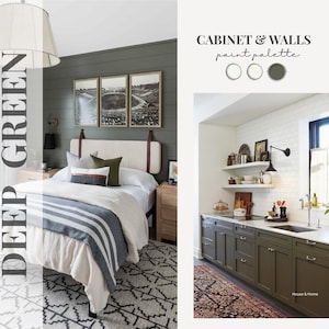 May include: A bedroom and kitchen interior design featuring a deep green color palette. The bedroom has a bed with a white comforter, striped blanket, and decorative pillows. The kitchen features green cabinets and white countertops.