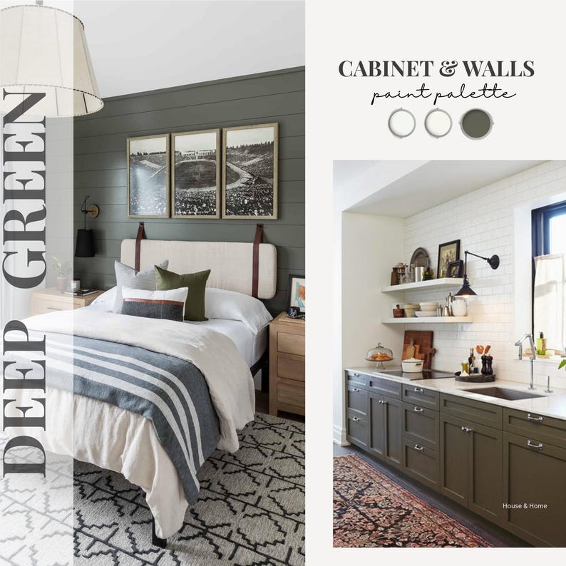 May include: A bedroom and kitchen interior design featuring a deep green color palette. The bedroom has a bed with a white comforter, striped blanket, and decorative pillows. The kitchen features green cabinets and white countertops.