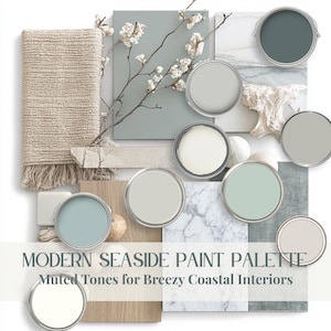 Paleta de pintura Coastal Calm, esquema de colores de pintura verde mar, Benjamin Moore, dormitorio principal costero moderno, paleta de colores para el hogar azul, casa del lago 2025