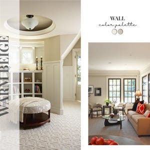 May include: A collage featuring interior design elements with warm beige walls. The left side shows a circular ceiling light, built-in shelving, and a round ottoman. The right side displays a living room with a sofa, chairs, and a coffee table.