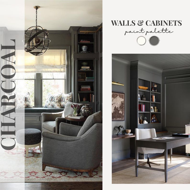 May include: Interior design featuring charcoal-colored walls and cabinets. The image showcases a living room with gray armchairs, a patterned ottoman, and a dark wooden desk. The text "WALLS & CABINETS paint palette" is visible.