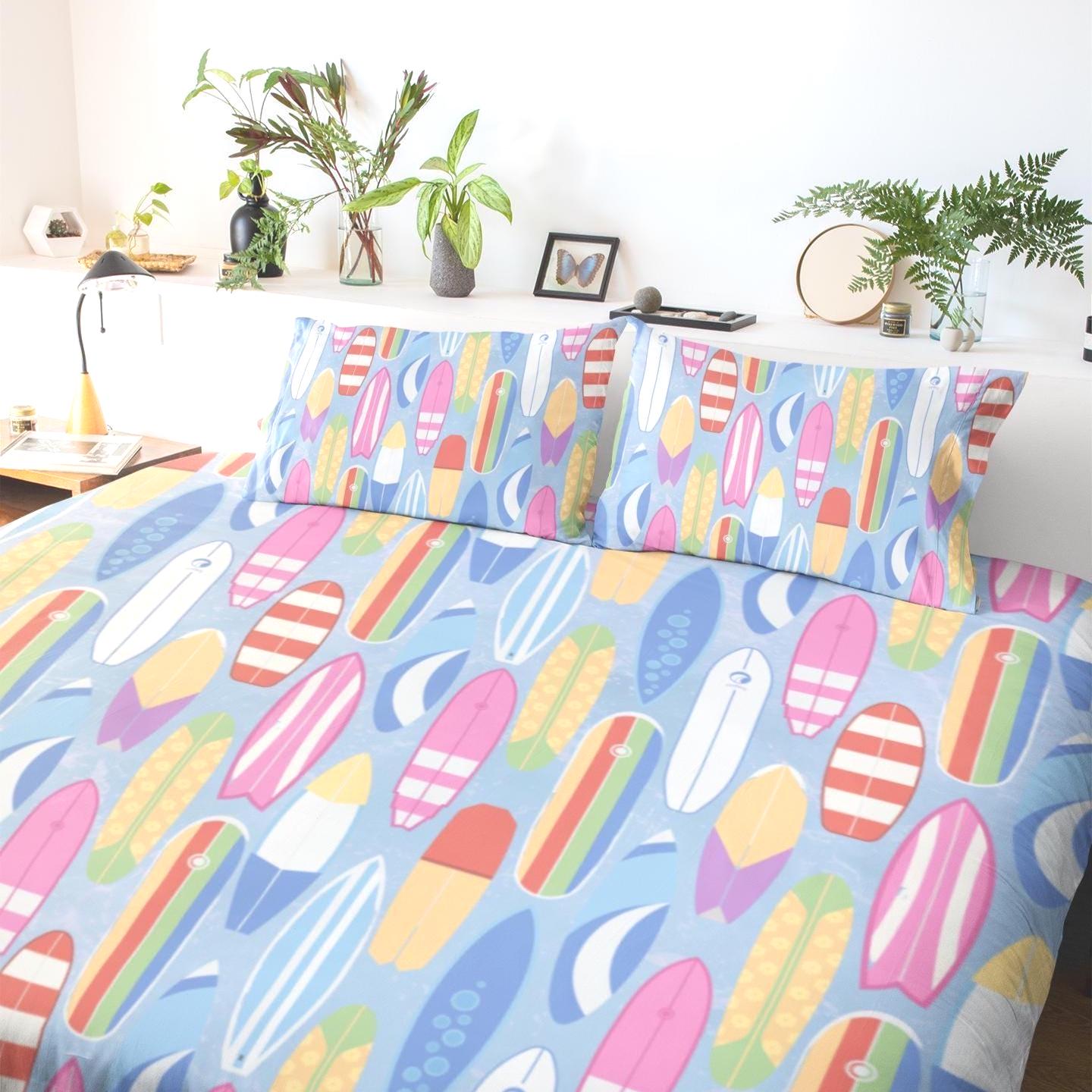 Surfboard Print Twin Duvet Cover Set - Tropical Sea Bedding For Kids, Summer Surf Theme With 1 Pillowcase (68x90 Inches)