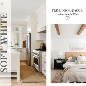May include: A color palette guide titled TRIM, DOOR & WALL featuring the text SOFT WHITE. The image displays a kitchen with white cabinetry, stainless steel appliances, and a bedroom with white walls, wood ceiling beams, and a rattan headboard.