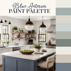 May include: A kitchen interior design guide titled Blue Interior PAINT PALETTE featuring a central island with a blue base and marble countertop, two black and brass pendant lights, wooden shelves, and a vertical color swatch strip on the right.