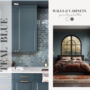 May include: A paint palette showcasing teal blue walls and cabinets. The image includes a kitchen with teal cabinets and a bedroom with a bed and a large arched window. The text reads "WALLS & CABINETS paint palette."
