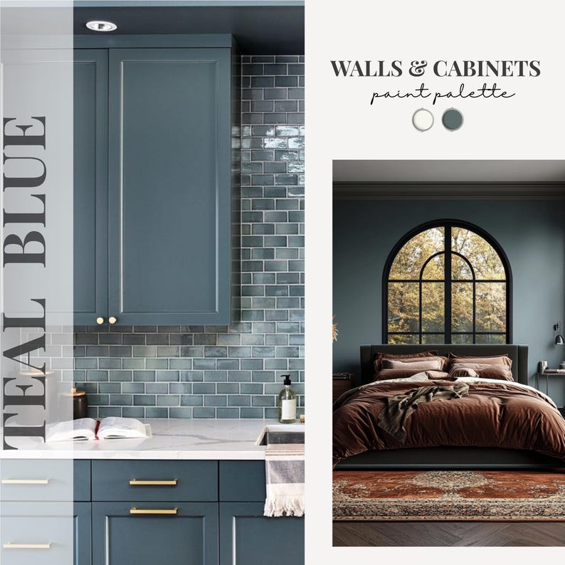 May include: A paint palette showcasing teal blue walls and cabinets. The image includes a kitchen with teal cabinets and a bedroom with a bed and a large arched window. The text reads "WALLS & CABINETS paint palette."