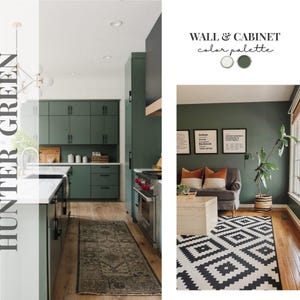 Peut inclure: Un guide de palette de couleurs intitul&eacute; WALL & CABINET color palette avec des &eacute;chantillons vert chasseur et blanc. L'image montre une cuisine avec des armoires vert chasseur et un salon avec des murs vert chasseur, un canap&eacute; gris et un tapis noir et blanc.