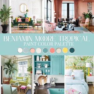 Paleta de cores tropicais Design de interiores Esquema de pintura de casa de praia Pintura de armário praiano Design de cores de tinta costeira Paleta de tinta Benjamin Moore