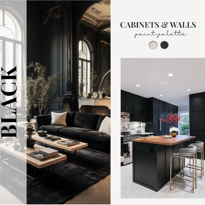 May include: An interior design image showcasing a black paint palette for cabinets and walls. The image features a living room with a black sofa and a kitchen with black cabinets and a wooden island. The text "BLACK" is displayed vertically.