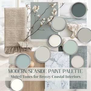 Paleta de cores Coastal Calm Paint, esquema de cores verde-mar, Benjamin Moore, quarto principal moderno e costeiro, paleta de cores para casa azul, casa no lago, 2025