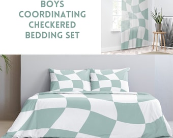 Green Checkered Bedding Geometric Duvet Cover King Checkerboard Curtain Green Twin Comforter Checker Blanket Boy Bedroom Decor Dorm Bedding