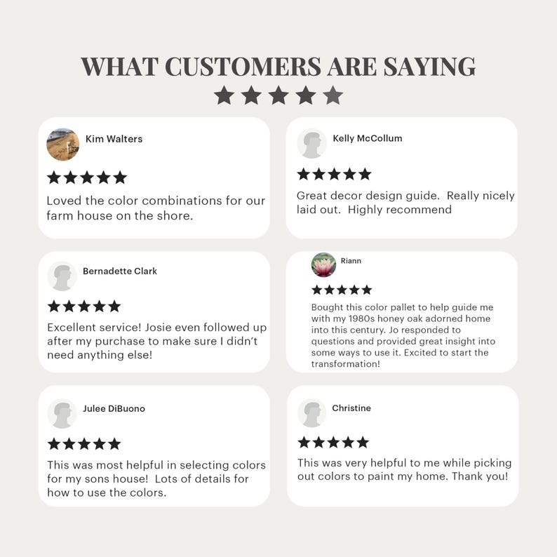 May include: A customer review graphic titled WHAT CUSTOMERS ARE SAYING with five black stars above six white rectangular boxes. Each box contains a five-star rating, a customer name, a profile icon, and written feedback regarding a design guide.
