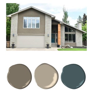 Benjamin Moore exterior paint palette, exterior paint scheme, whole home paint palette, modern home paint color, taupe paint palette, exterior paint color, designer paint color, Benjamin Moore paint scheme, front door paint color, neutral house color