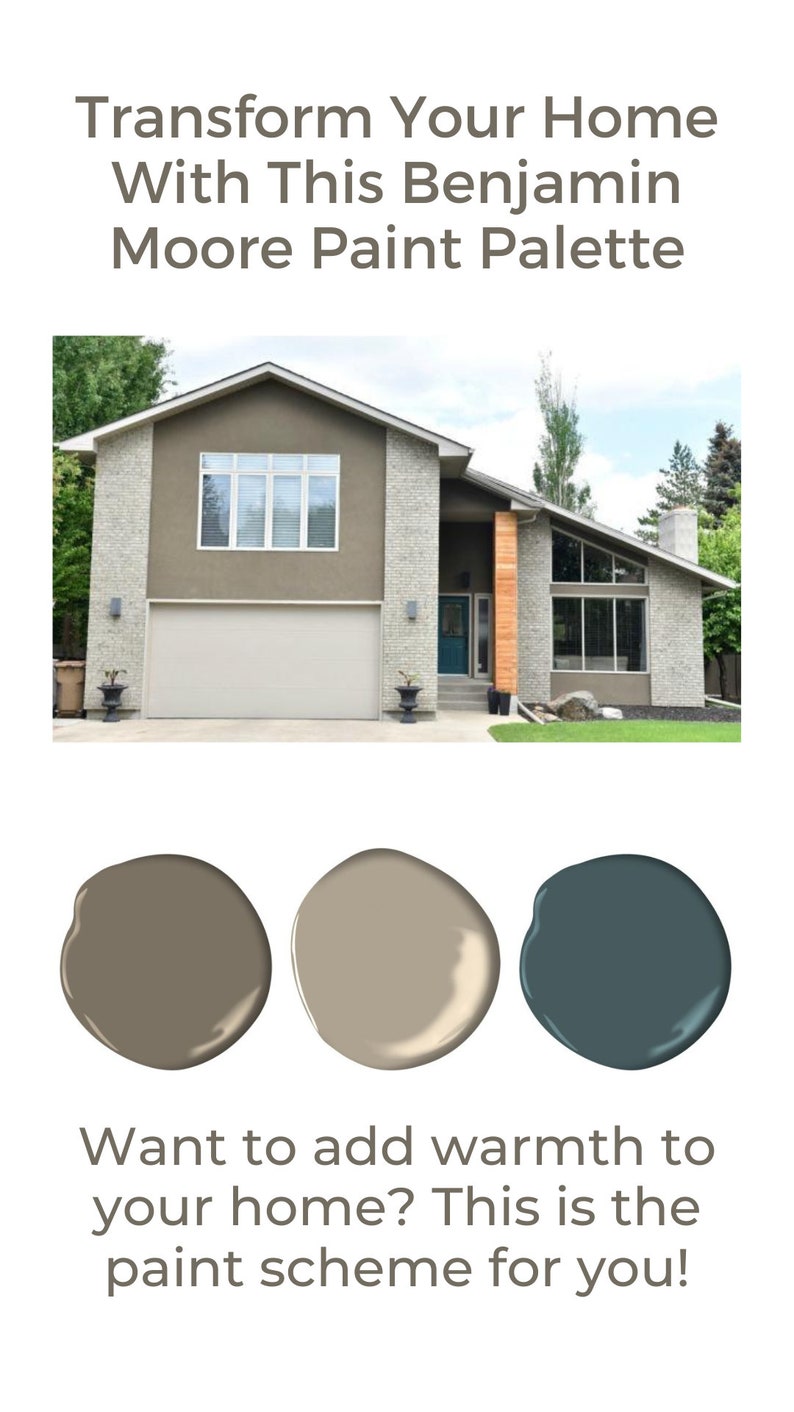 Benjamin Moore exterior paint palette, exterior paint scheme, whole home paint palette, modern home paint color, taupe paint palette, exterior paint color, designer paint color, Benjamin Moore paint scheme, front door paint color, neutral house color