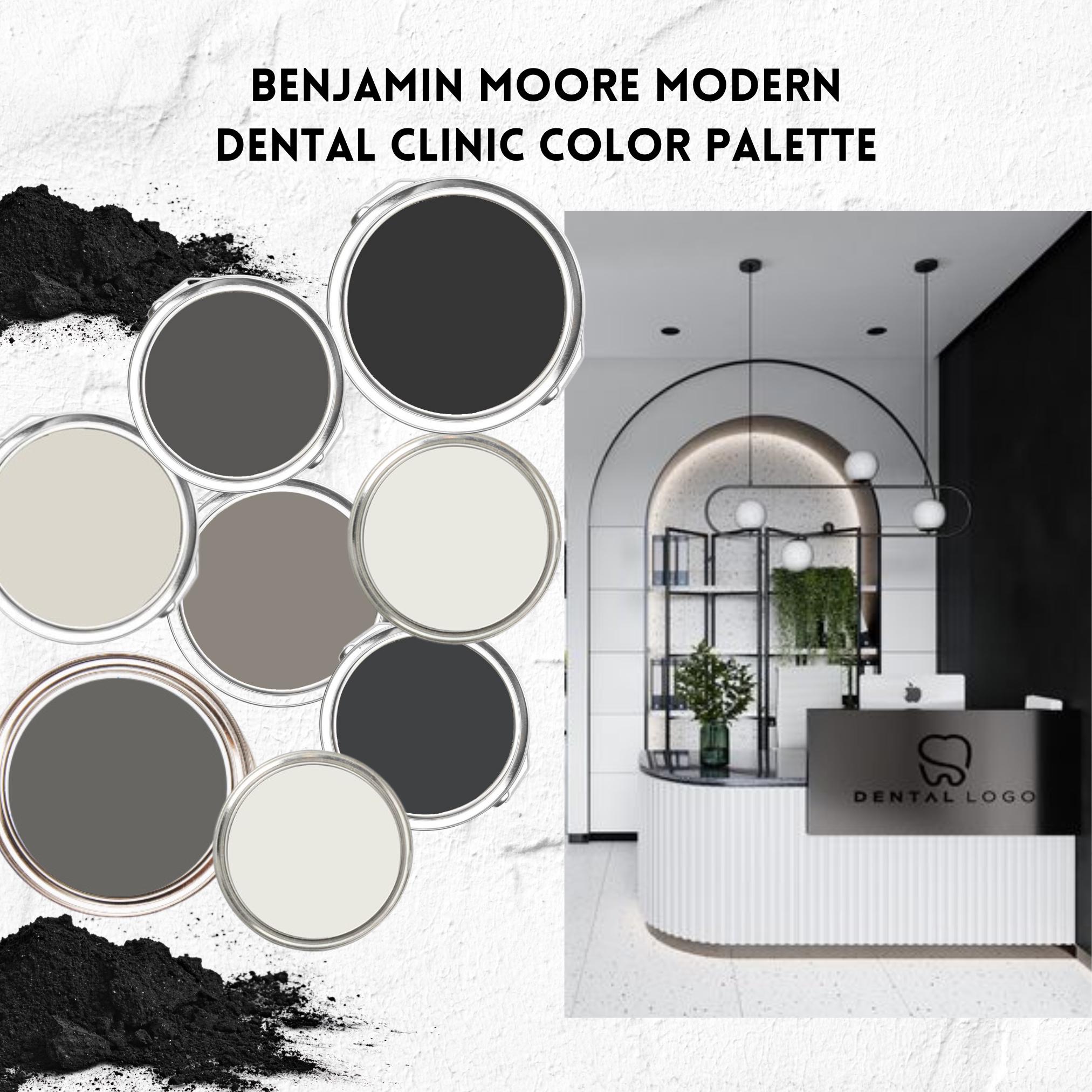 Paleta de colores de pintura para diseño de interiores de clínica dental,  área de recepción de lujo moderna, consultorio de dentista, sala de espera  en blanco y negro, decoración de consultorio dental -, image size:2025x2025