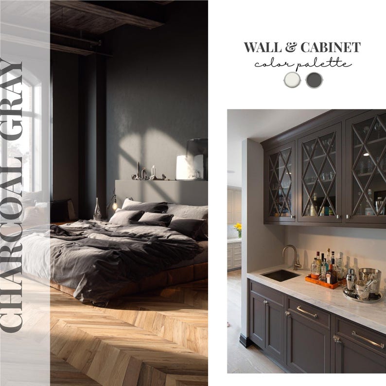 May include: A color palette display featuring the text WALL & CABINET color palette and CHARCOAL GRAY. The image shows a bedroom with a charcoal gray bed and herringbone wood floors, alongside a kitchen area with dark gray cabinets and a white countertop.