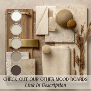 May include: A design mood board featuring a vertical wood panel with five circular paint swatches in shades of white, beige, and brown, alongside a brass handle, textured stone tiles, a beige fabric swatch with a pom-pom, and dried grass stems.