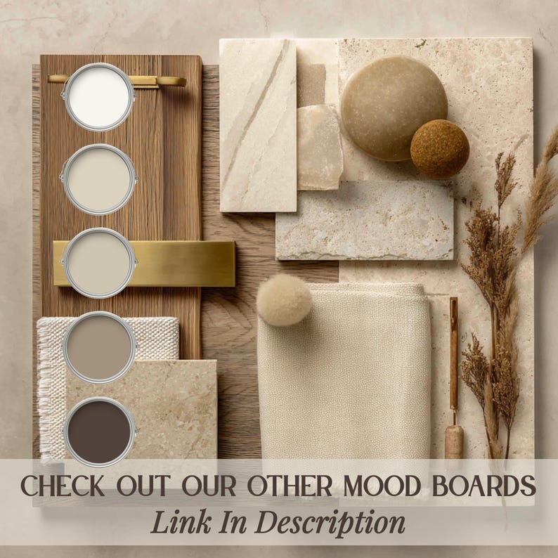 May include: A design mood board featuring a vertical wood panel with five circular paint swatches in shades of white, beige, and brown, alongside a brass handle, textured stone tiles, a beige fabric swatch with a pom-pom, and dried grass stems.