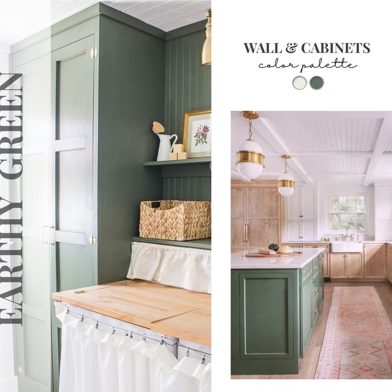 Peut inclure: Une palette de couleurs avec le texte EARTHY GREEN et WALL & CABINETS color palette. Elle pr&eacute;sente une cuisine avec des placards vert fonc&eacute;, un plan de travail en bois, des rideaux en tissu blanc, un panier tress&eacute; et un &icirc;lot.