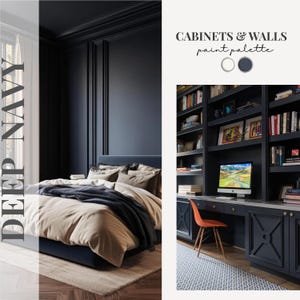 May include: A bedroom and home office interior design concept featuring deep navy walls and cabinetry. The bedroom has a bed with beige bedding and a navy throw. The home office has a desk, orange chair, and built-in bookshelves.