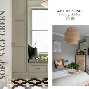 Peut inclure: Un tableau de design pr&eacute;sentant des murs et des armoires vert sauge doux, un coin fen&ecirc;tre avec un coussin fonc&eacute;, une suspension en osier, un lit avec un coussin &agrave; motifs et une commode en bois. Texte : SOFT SAGE GREEN et WALL & CSBINET color palette.