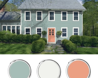 Hellgrüne Außenfarbpalette Strand-Haus malen Benjamin Moore Grüne Außenfarbpalette 2025 Modernes Küstenhaus-Farbschema