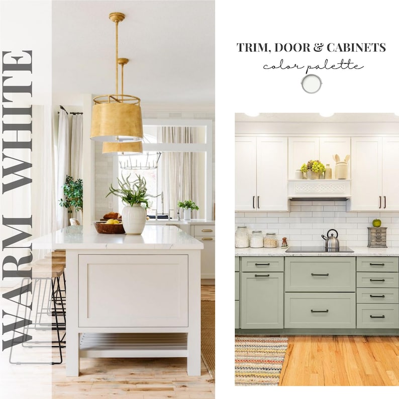 Peut inclure: Un guide de design de cuisine avec le texte WARM WHITE et la palette de couleurs TRIM, DOOR & CABINETS. L'image montre un &icirc;lot de cuisine blanc avec des suspensions dor&eacute;es et une cuisine avec des placards blancs et vert sauge.
