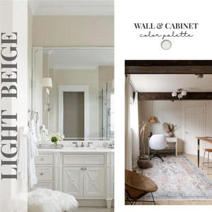 Peut inclure: Un collage pr&eacute;sentant une salle de bain avec un meuble-lavabo blanc, un grand miroir et des murs beige clair, ainsi qu'un bureau avec un bureau blanc, une chaise, un tapis &agrave; motifs et des poutres au plafond. Texte : LIGHT BEIGE WALL & CABINET.