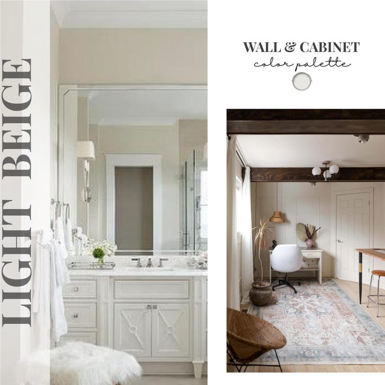 Peut inclure: Un collage pr&eacute;sentant une salle de bain avec un meuble-lavabo blanc, un grand miroir et des murs beige clair, ainsi qu'un bureau avec un bureau blanc, une chaise, un tapis &agrave; motifs et des poutres au plafond. Texte : LIGHT BEIGE WALL & CABINET.