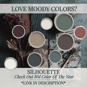 May include: An assortment of paint cans in various moody colors, including shades of green, brown, and gray, are arranged on a textured surface. The image includes text that reads "LOVE MOODY COLORS?" and "SILHOUETTE Check Out BM Color Of The Year *LINK IN DESCRIPTION*".