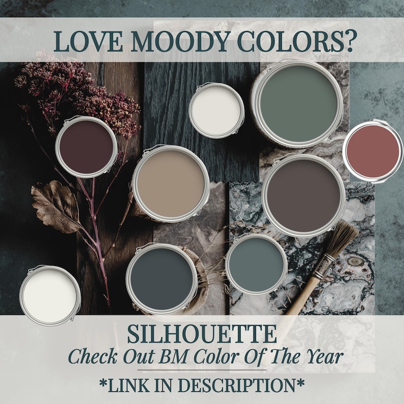 May include: An assortment of paint cans in various moody colors, including shades of green, brown, and gray, are arranged on a textured surface. The image includes text that reads "LOVE MOODY COLORS?" and "SILHOUETTE Check Out BM Color Of The Year *LINK IN DESCRIPTION*".